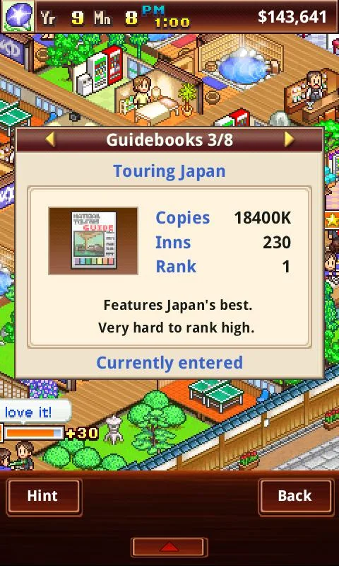 Zrzut ekranu z rozgrywki Hot Springs Story z widocznym kurortem i gośćmi