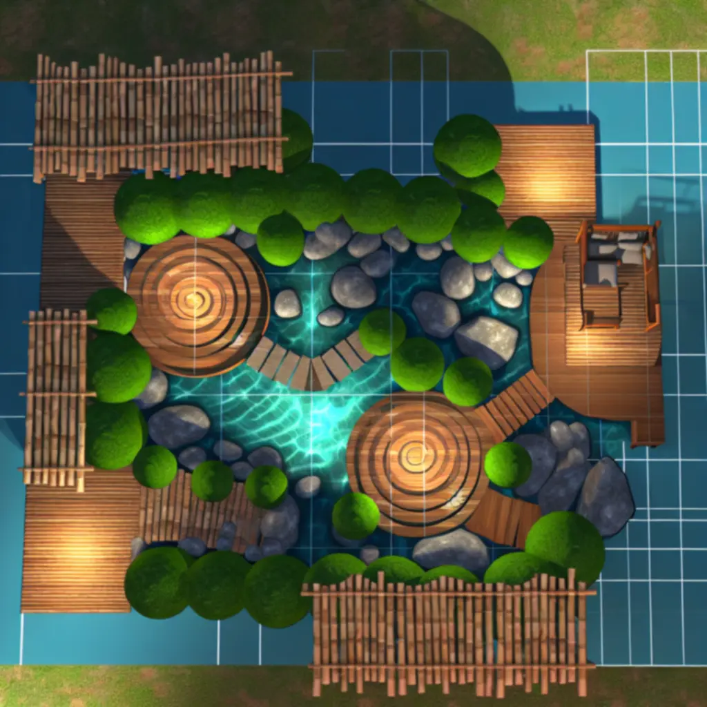 Plan ogrodu z wyraźnymi ścieżkami, strefami prywatnymi i bambusowymi ogrodzeniami