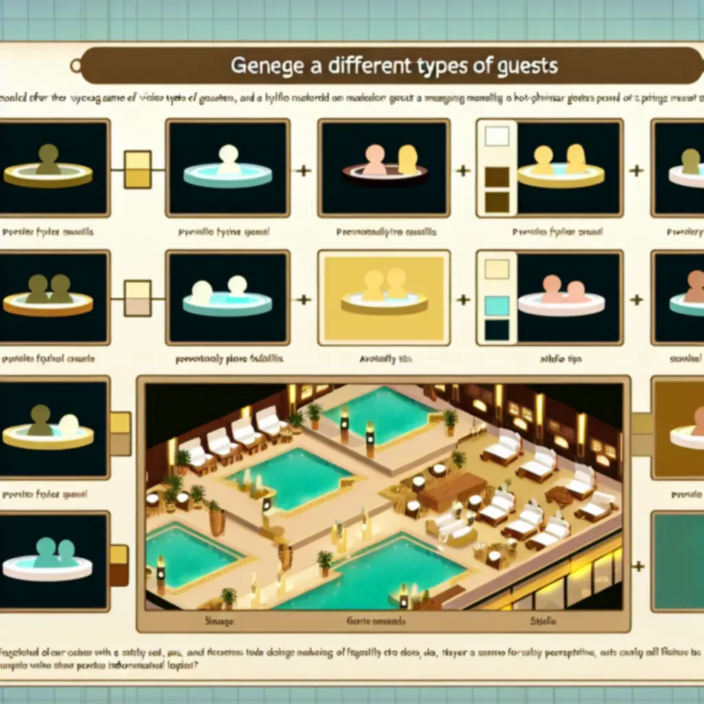 Infografika pokazująca preferencje różnych typów gości w kurorcie z gorącymi źródłami.