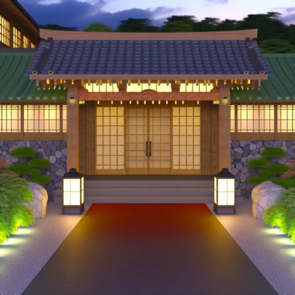 Wejście do spokojnego kurortu onsen inspirowanego Hot Springs Story