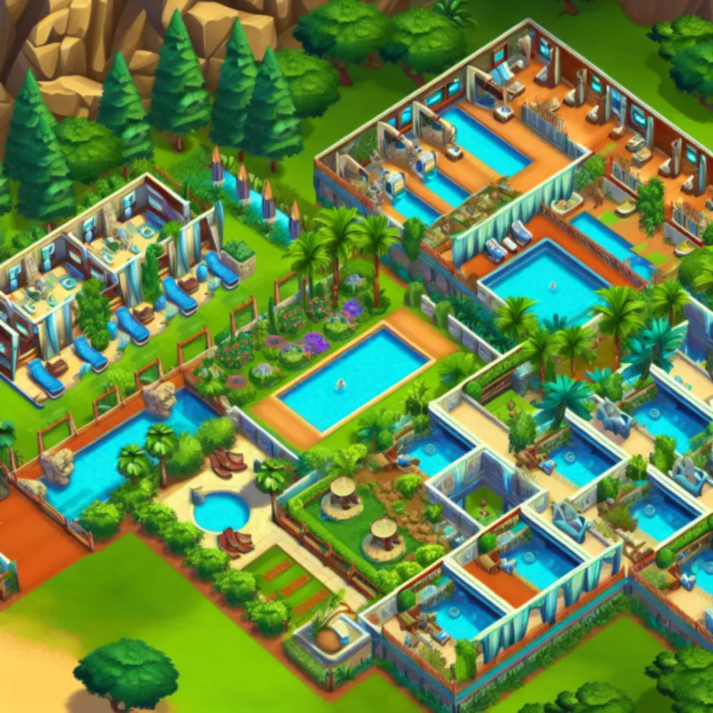 Złożony, nagradzany układ kurortu onsen stworzony przez gracza w Hot Springs Story.