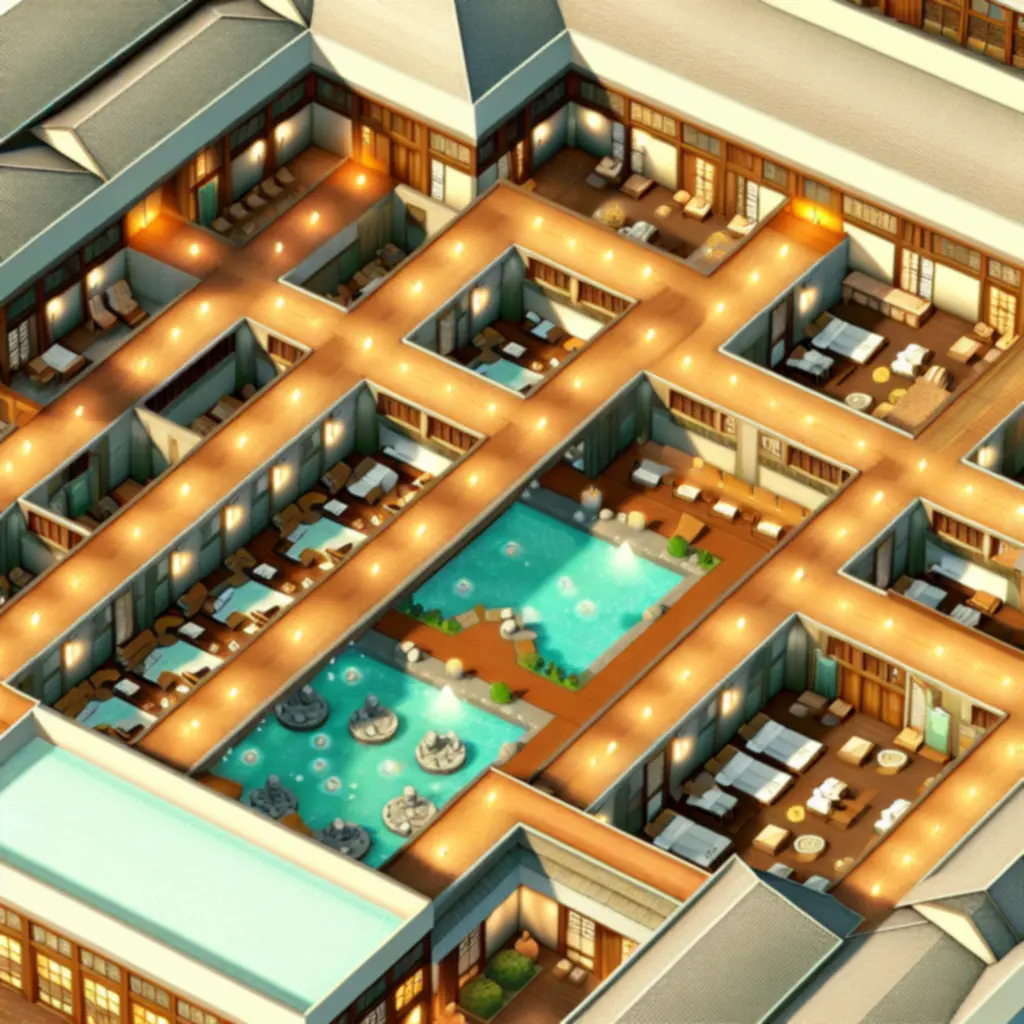 Przegląd przykładowego układu uzdrowiska w Hot Springs Story z pokojami, łaźniami i ścieżkami rozmieszczonymi w harmonijny sposób.