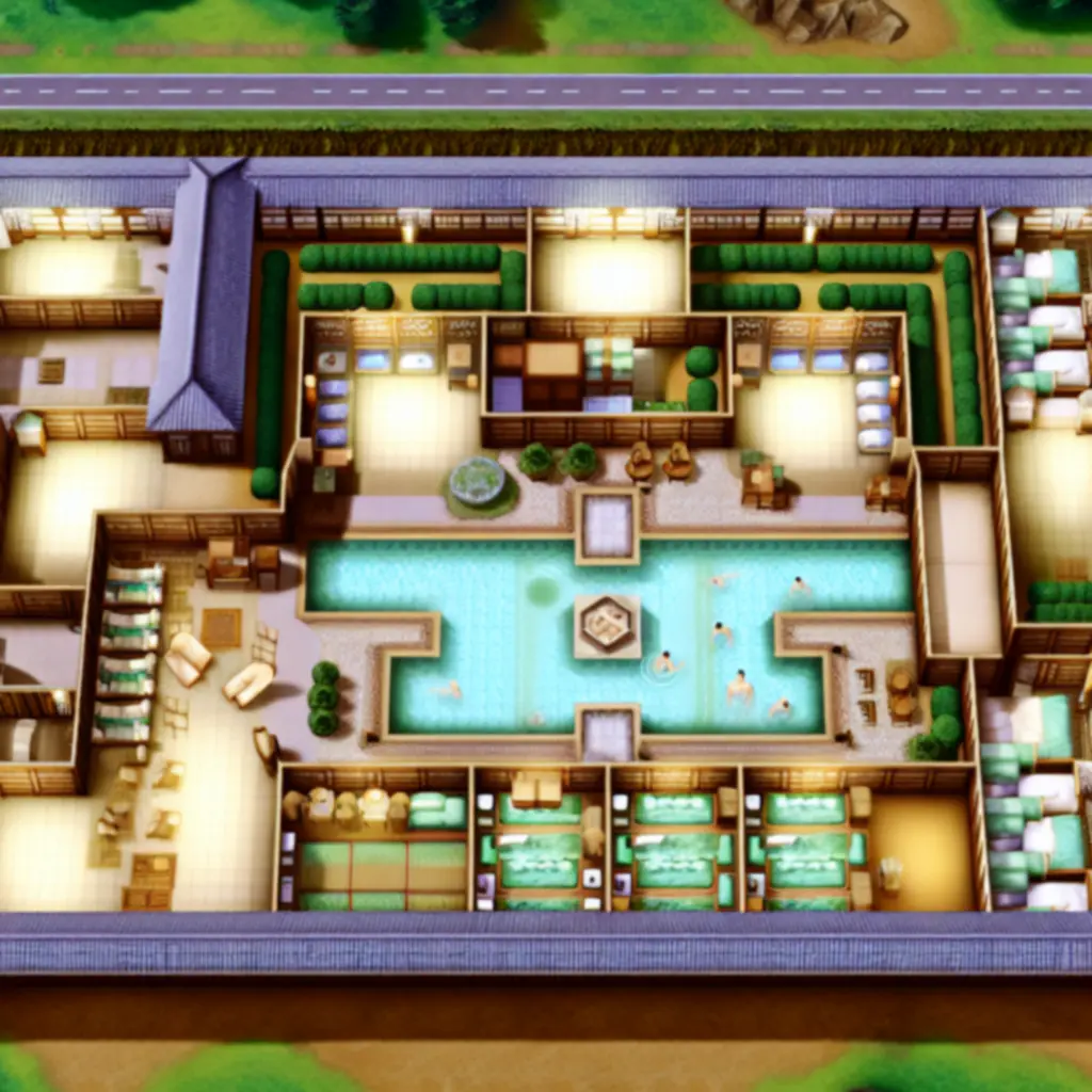 Widok z góry na układ kurortu z gorącymi źródłami w Hot Springs Story