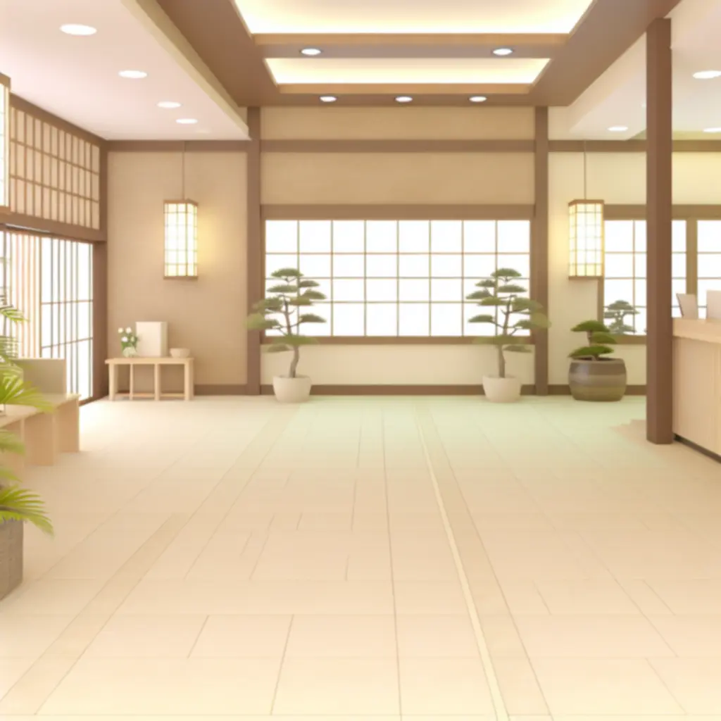 Przytulne lobby kurortu z gorącymi źródłami w stylu japońskim w grze Hot Springs Story