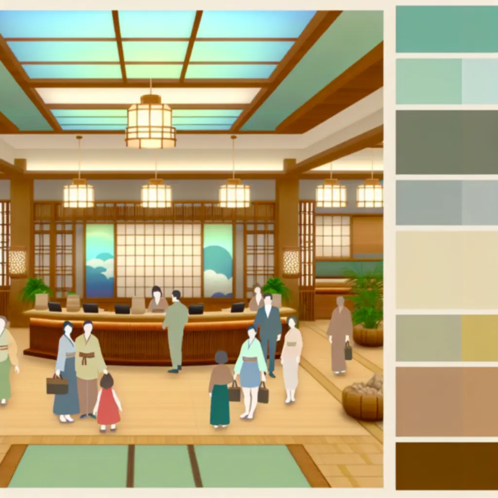 Przytulne lobby kurortu onsen z miękkim oświetleniem