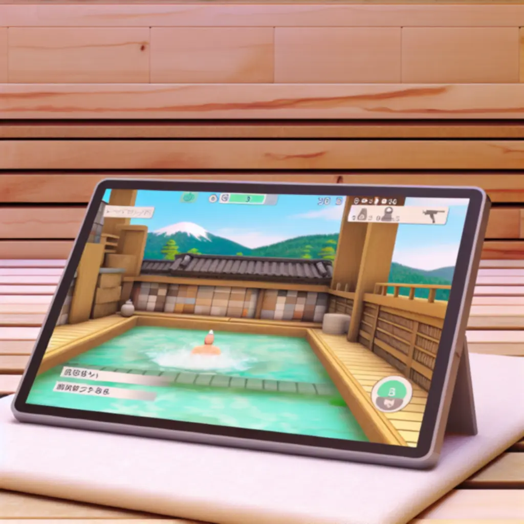 Makieta odtwarzacza wideo przedstawiająca poradnik do gry Hot Springs Story.